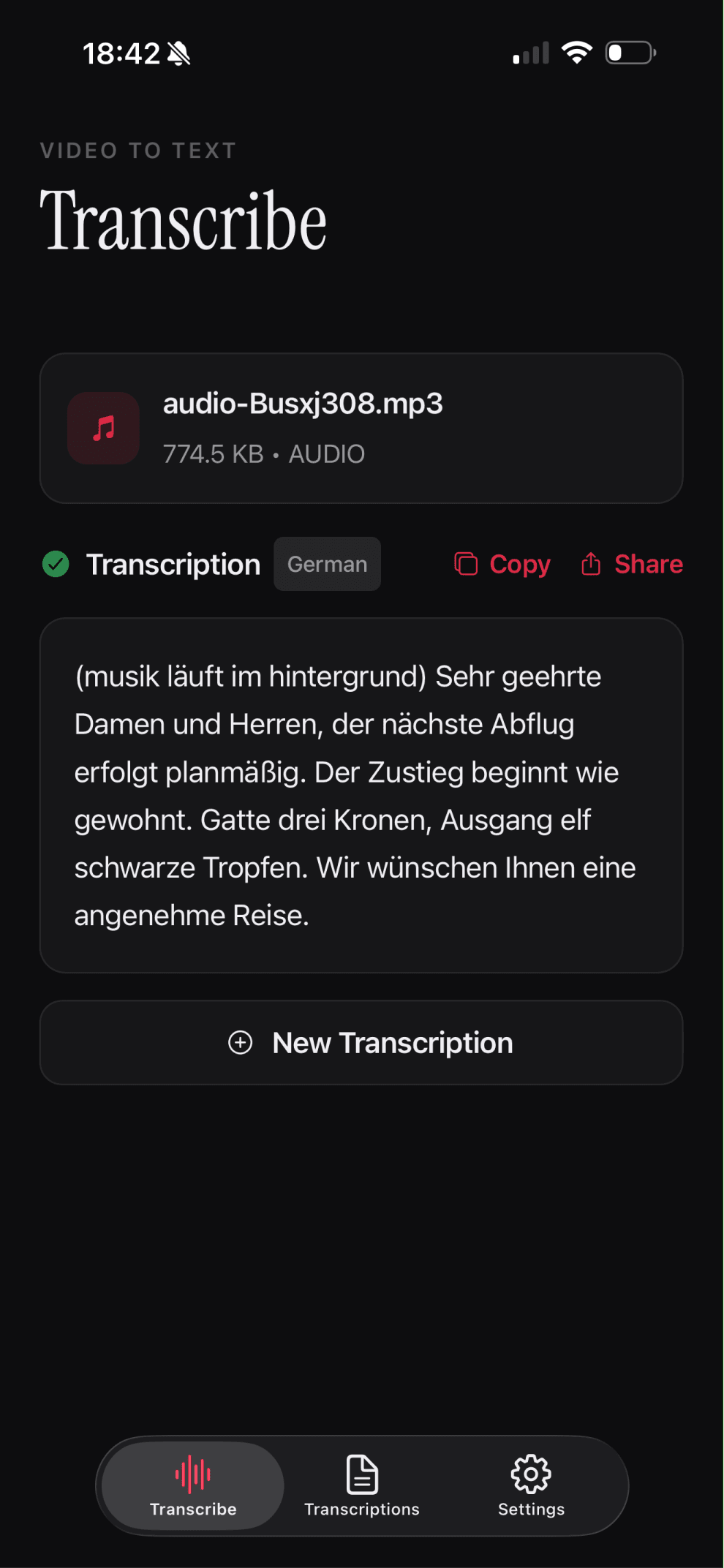 To The Text app — completed transcription with copy and share actions