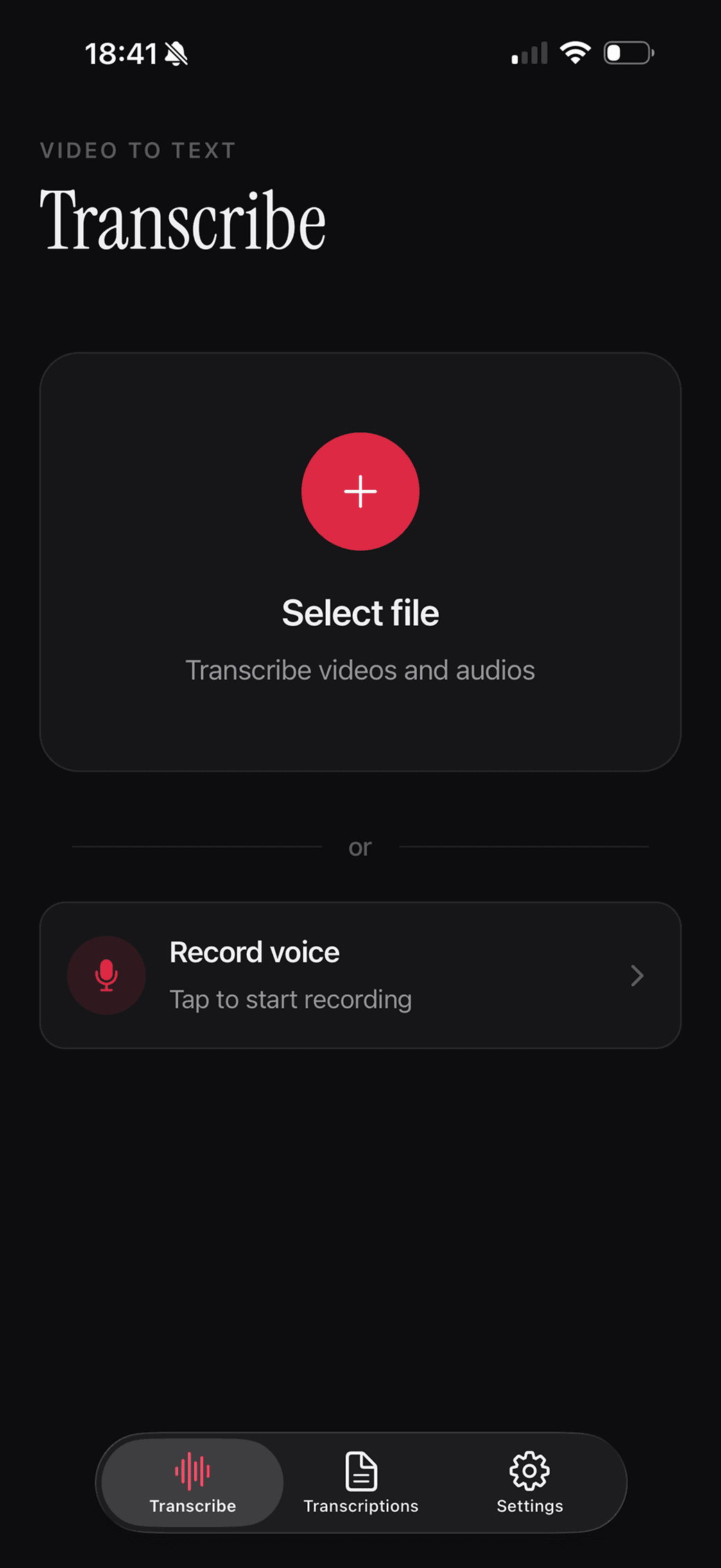 To The Text app — select a file or record voice to start transcribing
