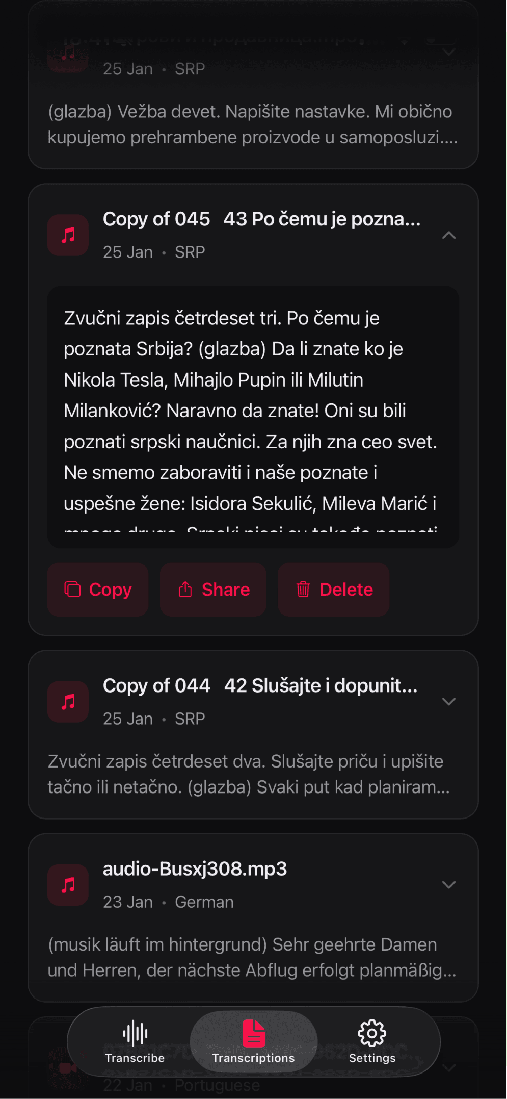 To The Text app — transcript history with export options